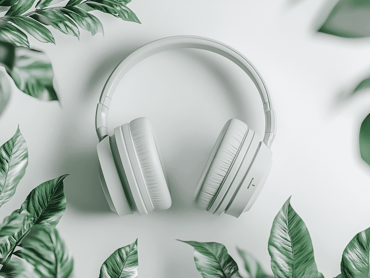 White over-ear headphones surrounded by green leaves on a white background.