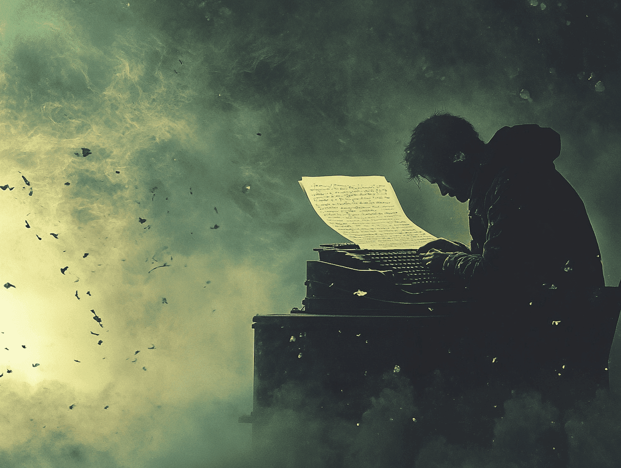 Silhouette of a person typing on a typewriter in a smoky, mystical atmosphere.