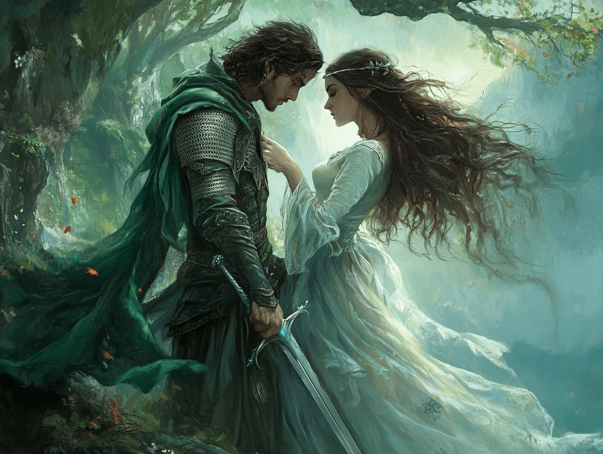 Medieval knight and woman in a romantic embrace within an enchanting forest scene.