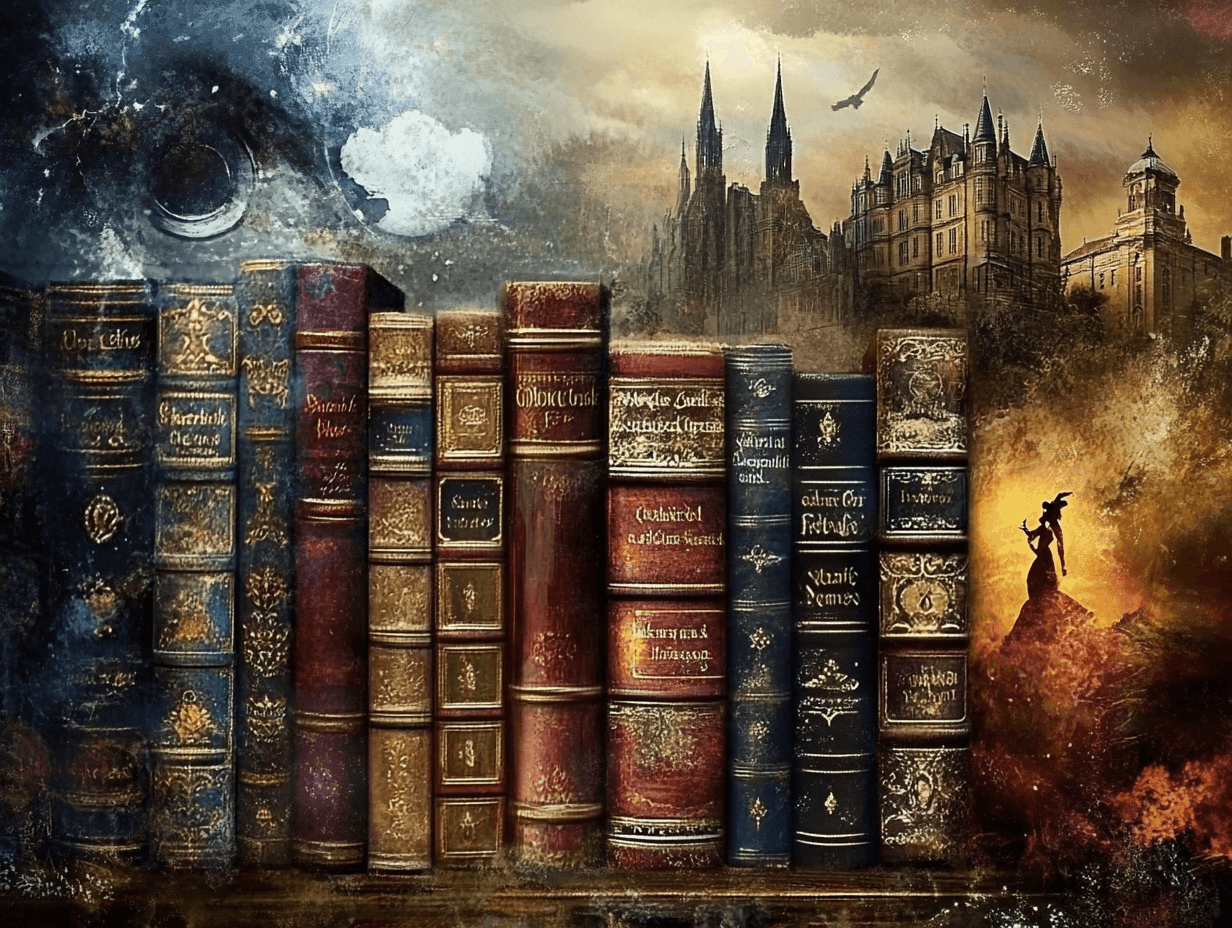 Row of ornate vintage books with a mystical castle and silhouetted figure in the background.