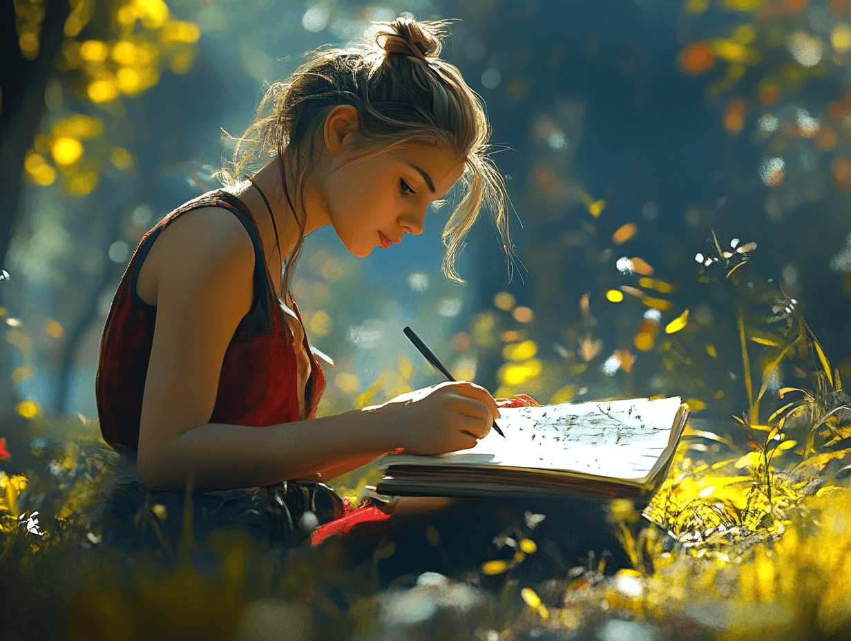 Young woman sketching in a notebook while sitting in a sunlit forest clearing.