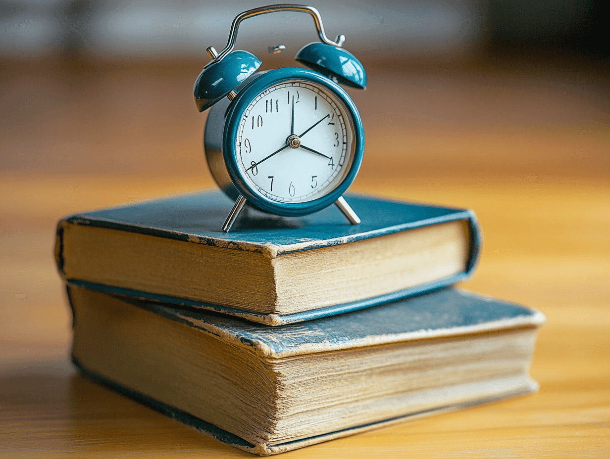 Vintage blue alarm clock placed on top of two old hardcover books with worn edges.