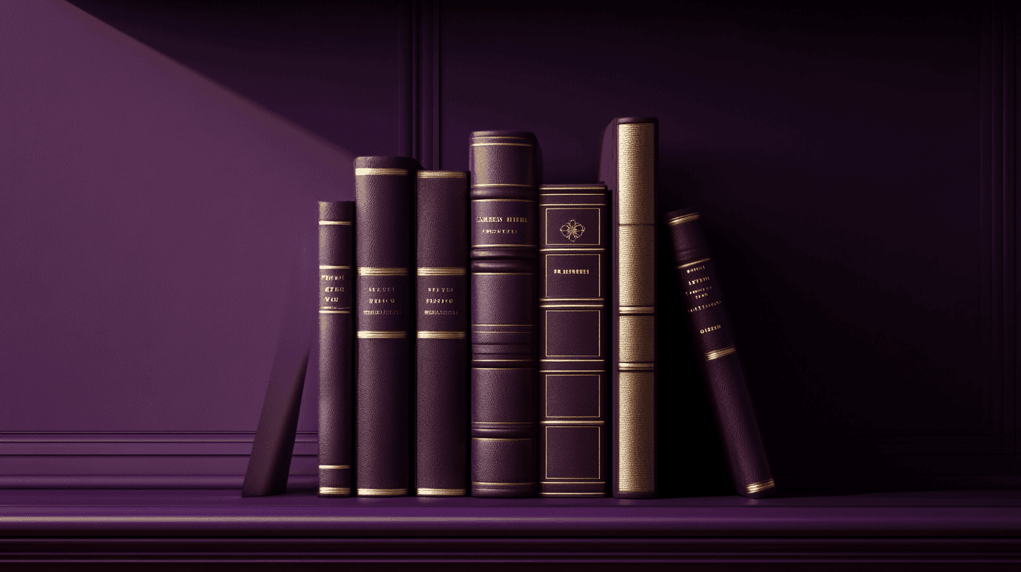 Row of vintage books with gold accents on a dark purple background.