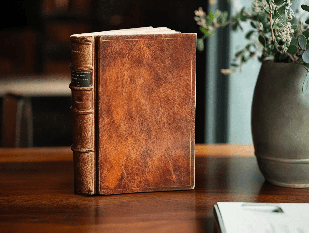 Antique leather-bound book standing on a wooden table next to a vase with greenery.