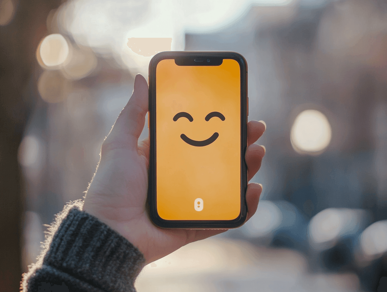 Hand holding a smartphone with a smiling face on the screen, blurred outdoor background.