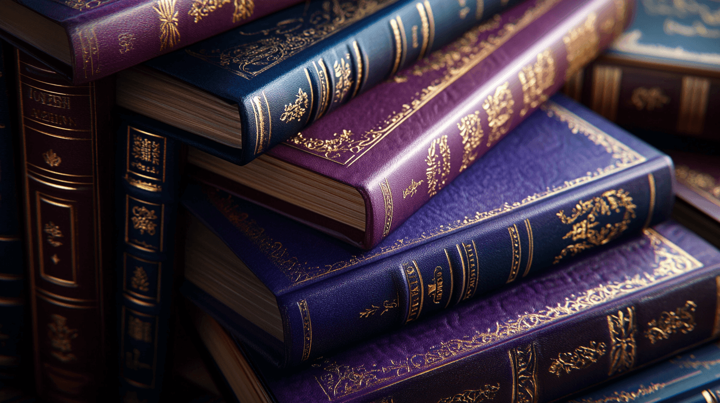 Stack of ornate, leather-bound books in purple and blue with gold detailing.