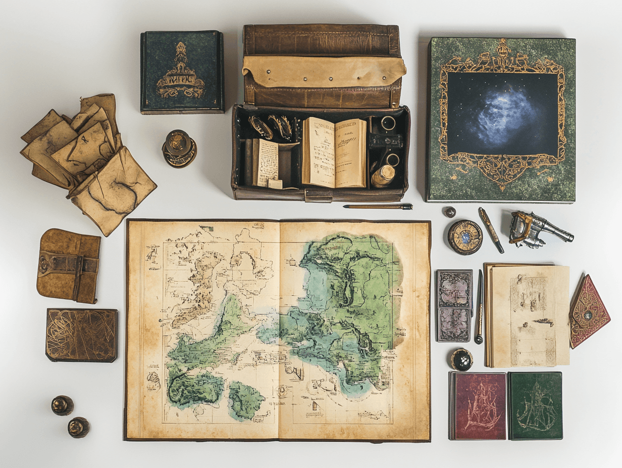 Assortment of vintage maps, notebooks, and navigation tools on a flat surface.